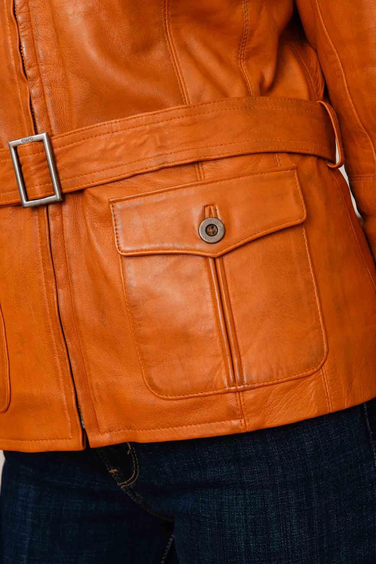Women's orange aviator leather jacket - Image n°2