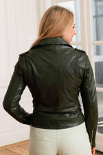 Women's Khaki Leather Biker Jacket - Image n°4