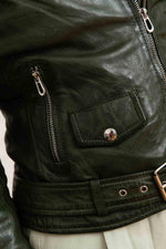 Rock-chic kaki lambskin biker jacket. Adjustable belt, floral lining. - Image n°2