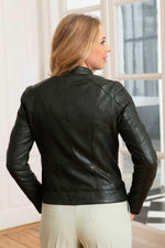 Glossy khaki lambskin jacket-soft, sleek, and biker-inspired. - Image n°5