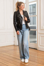 Rock-chic lambskin biker jacket in black. Soft leather, floral lining. - Image n°5