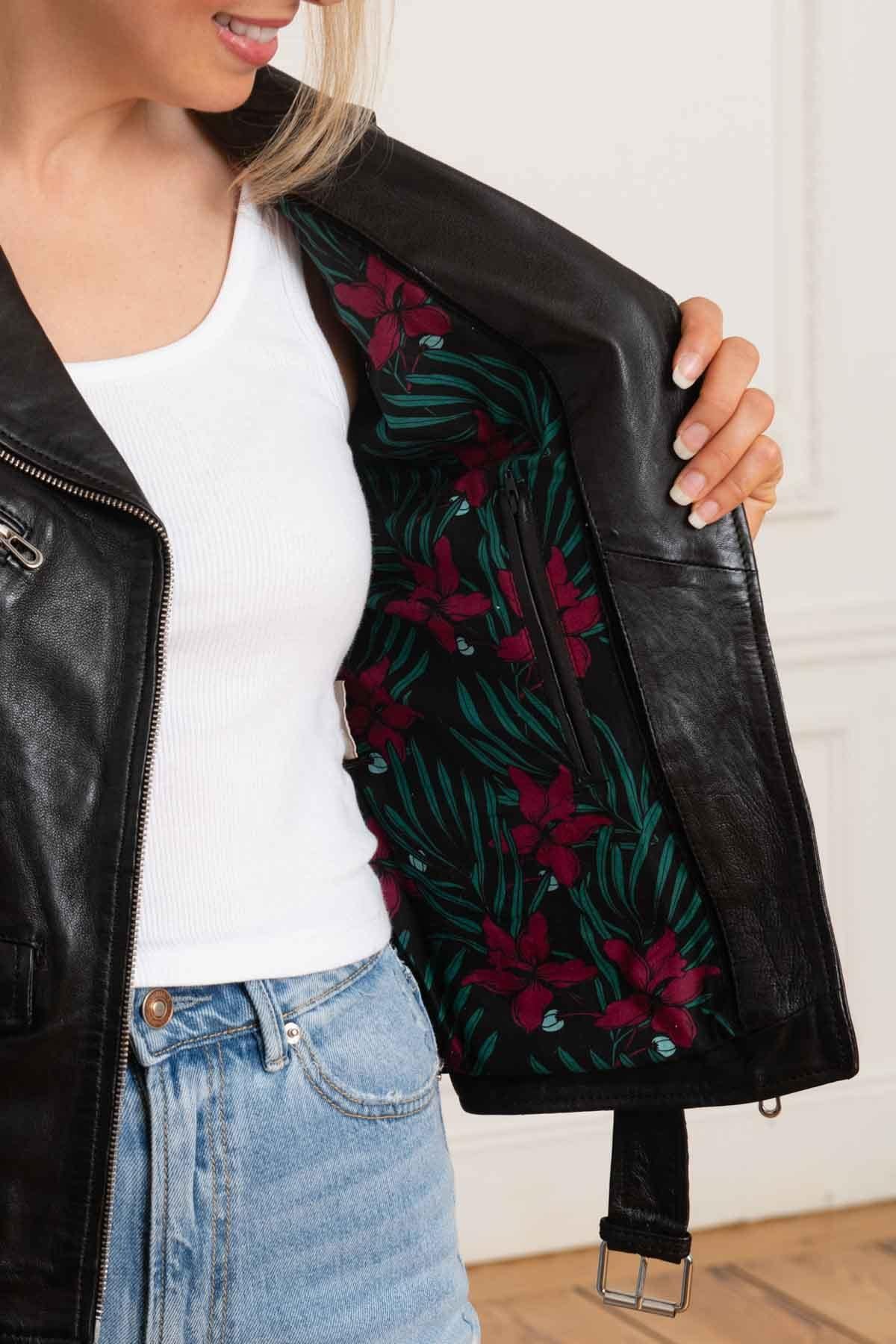 Rock-chic lambskin biker jacket in black. Soft leather, floral lining. - Image n°4