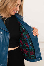 Lambskin biker jacket in deep blue, sleek and floral-lined. - Image n°4