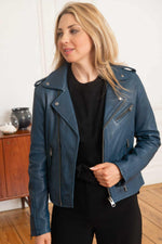 Deep navy lambskin leather jacket with a sleek biker cut. - Image n°1