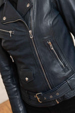 Women’s navy blue leather Biker Jacket - Image n°2