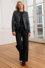 Women’s navy blue leather Biker Jacket - Image n°4