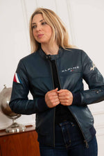 Royal blue leather jacket with biker collar Sophia Alpine Woman - Image n°1