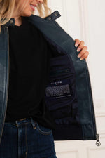 Royal blue leather jacket with biker collar Sophia Alpine Woman - Image n°4