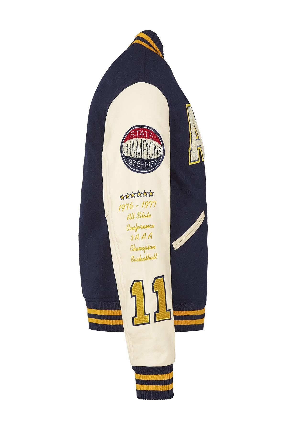AC-17 varsity jacket: navy and beige wool with sheepskin sleeves. - Image n°10