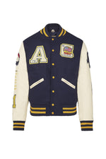 AC-17 varsity jacket: navy and beige wool with sheepskin sleeves. - Image n°9