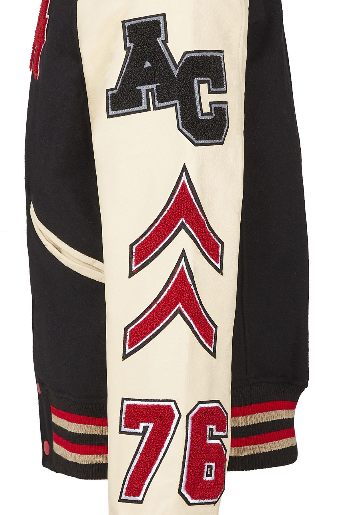 Black wool and beige leather varsity jacket for a sporty look. - Image n°12