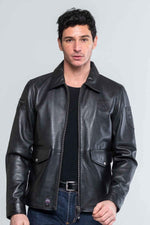 Black leather jacket with shirt collar - Image n°1