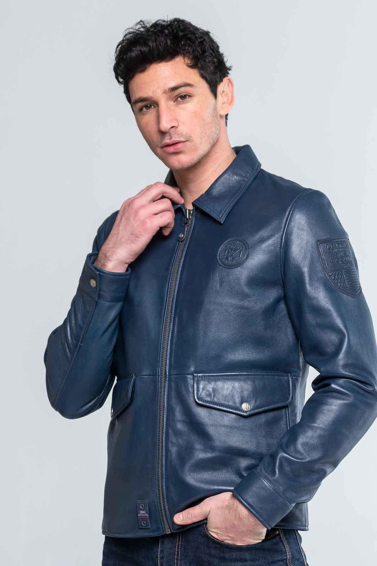 Royal blue shirt collar leather jacket - Image n°4