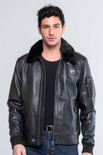 Black leather bomber jacket with fur collar - Image n°2