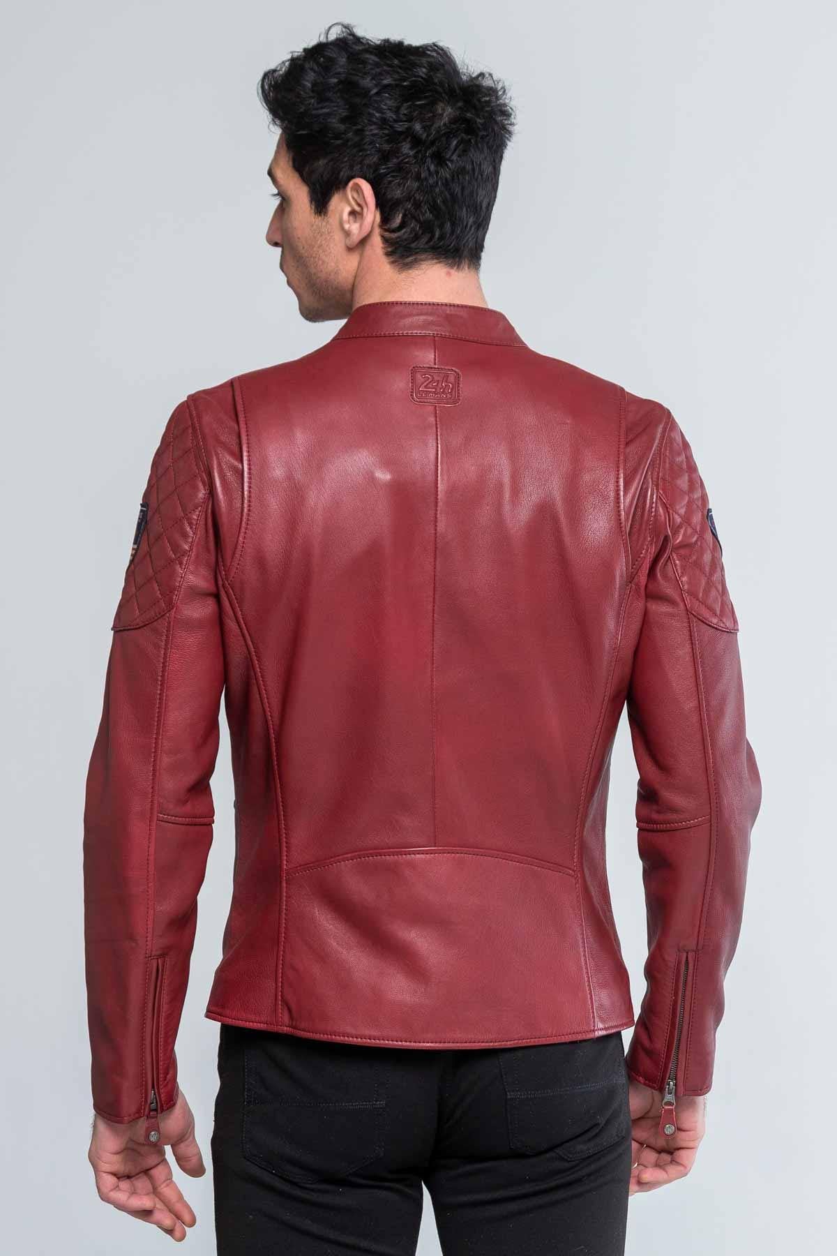 Dark red sheepskin jacket with tricolour stripes and zip pockets. - Image n°2