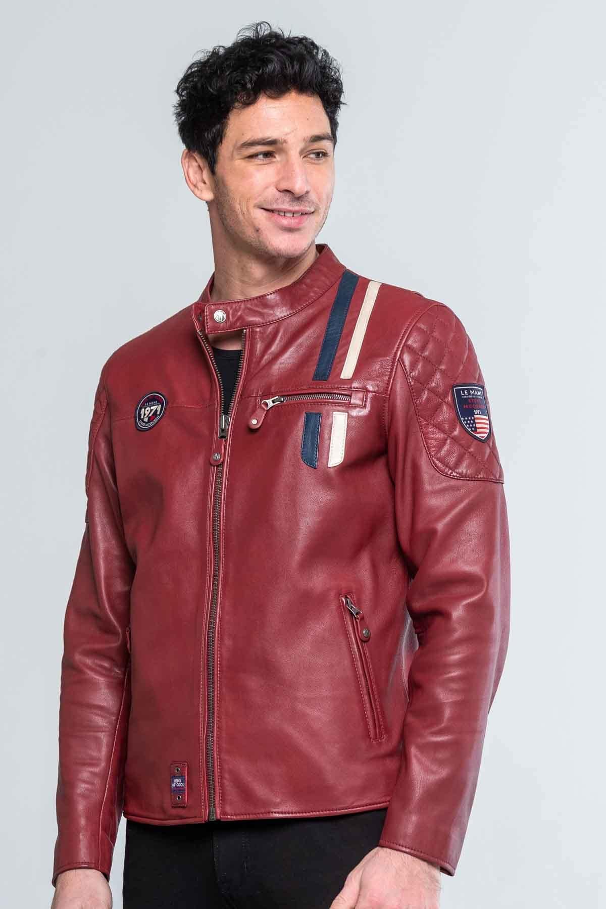 Dark red sheepskin jacket with tricolour stripes and zip pockets. - Image n°1
