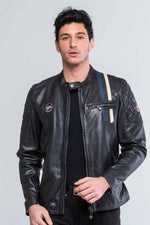Sheep leather jacket: matelassé shoulders and racing stripes. - Image n°2
