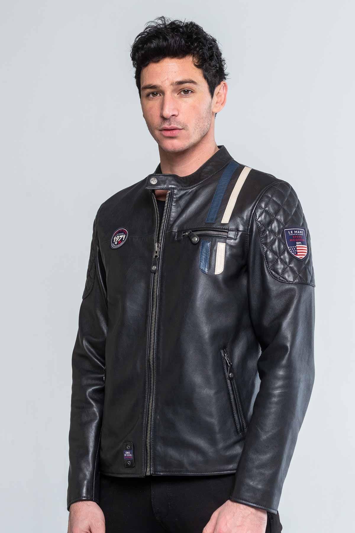 Leather jacket with black biker collar - Image n°5