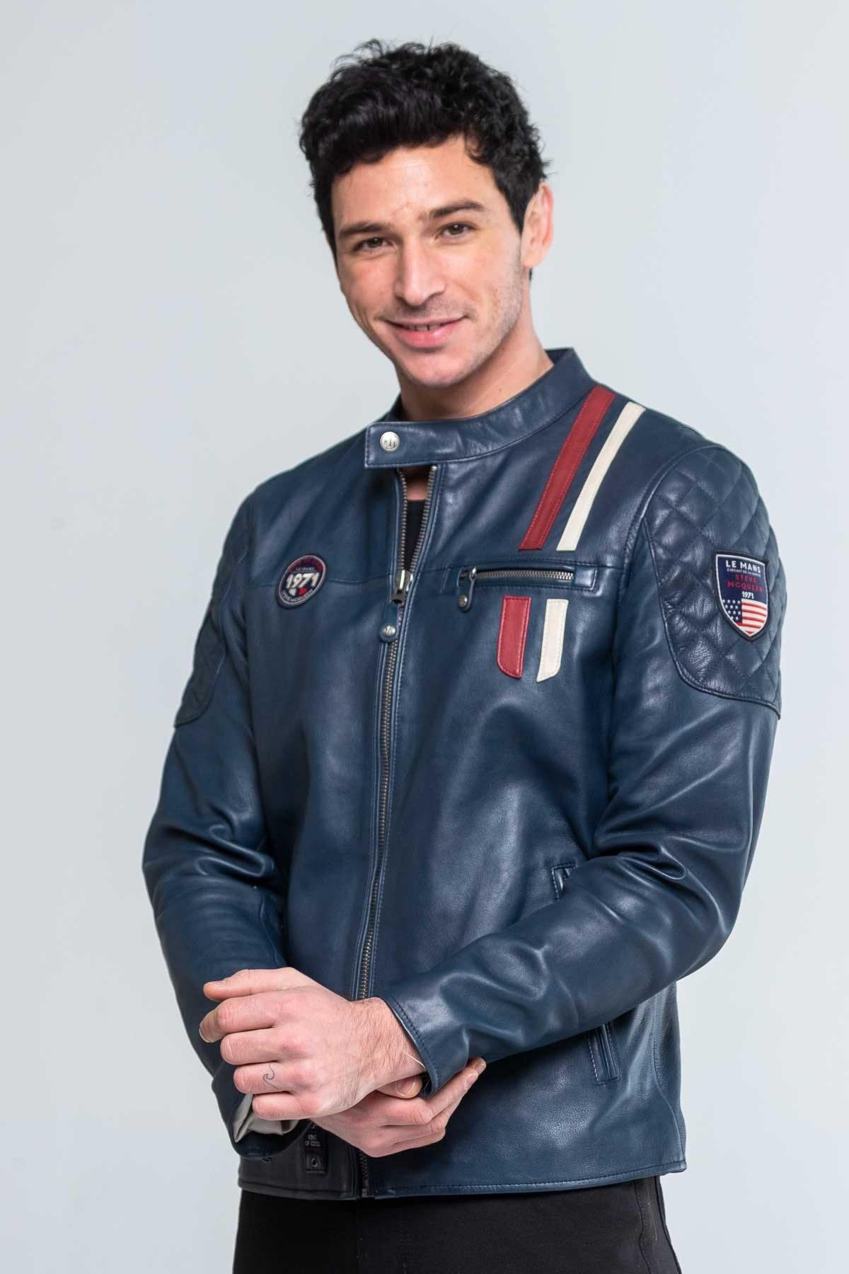 Leather jacket with royal blue biker collar - Image n°5