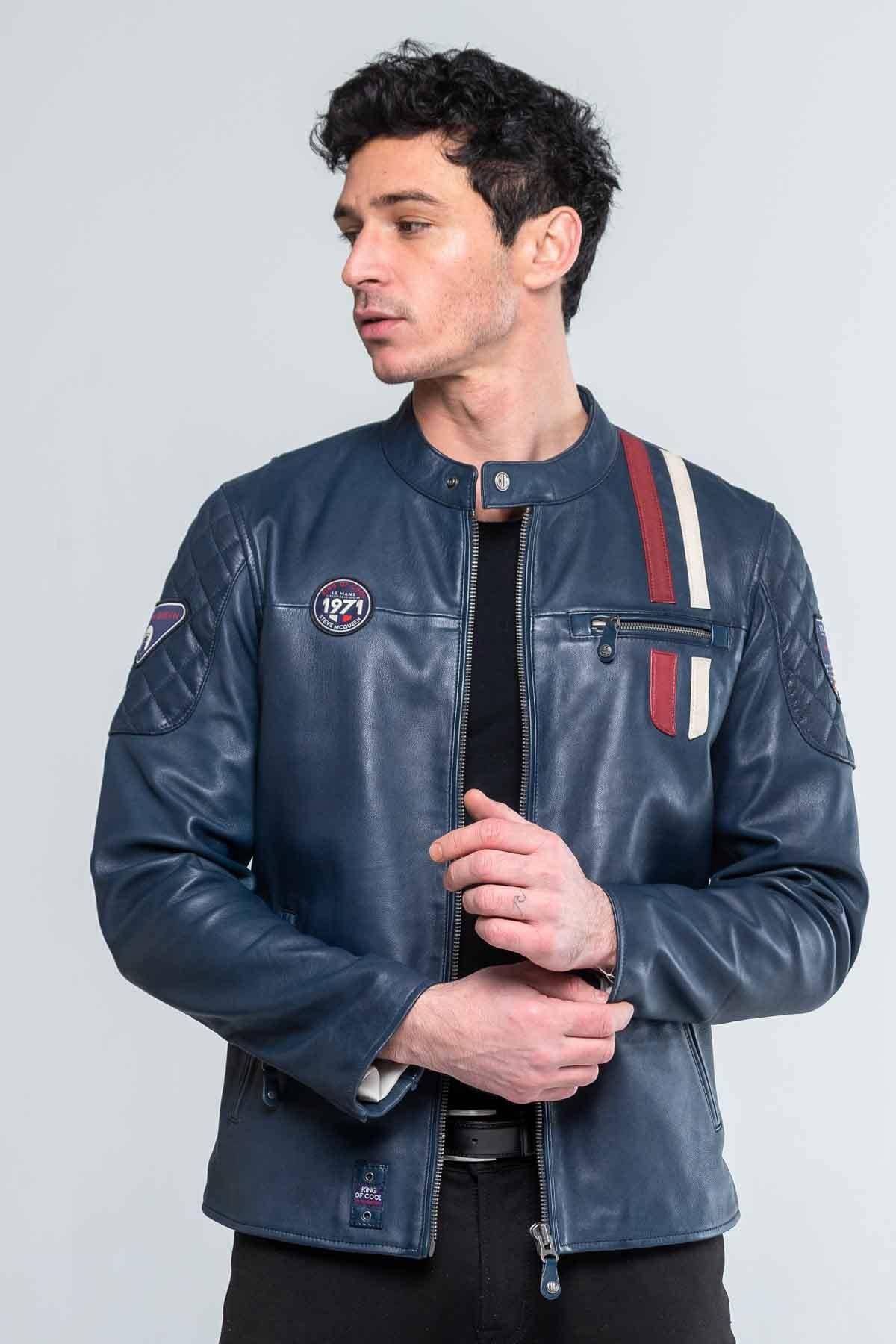 A royal blue nubuck sheep leather jacket with motorsport heritage. - Image n°2