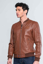 Cognac round neck leather jacket - Image n°4