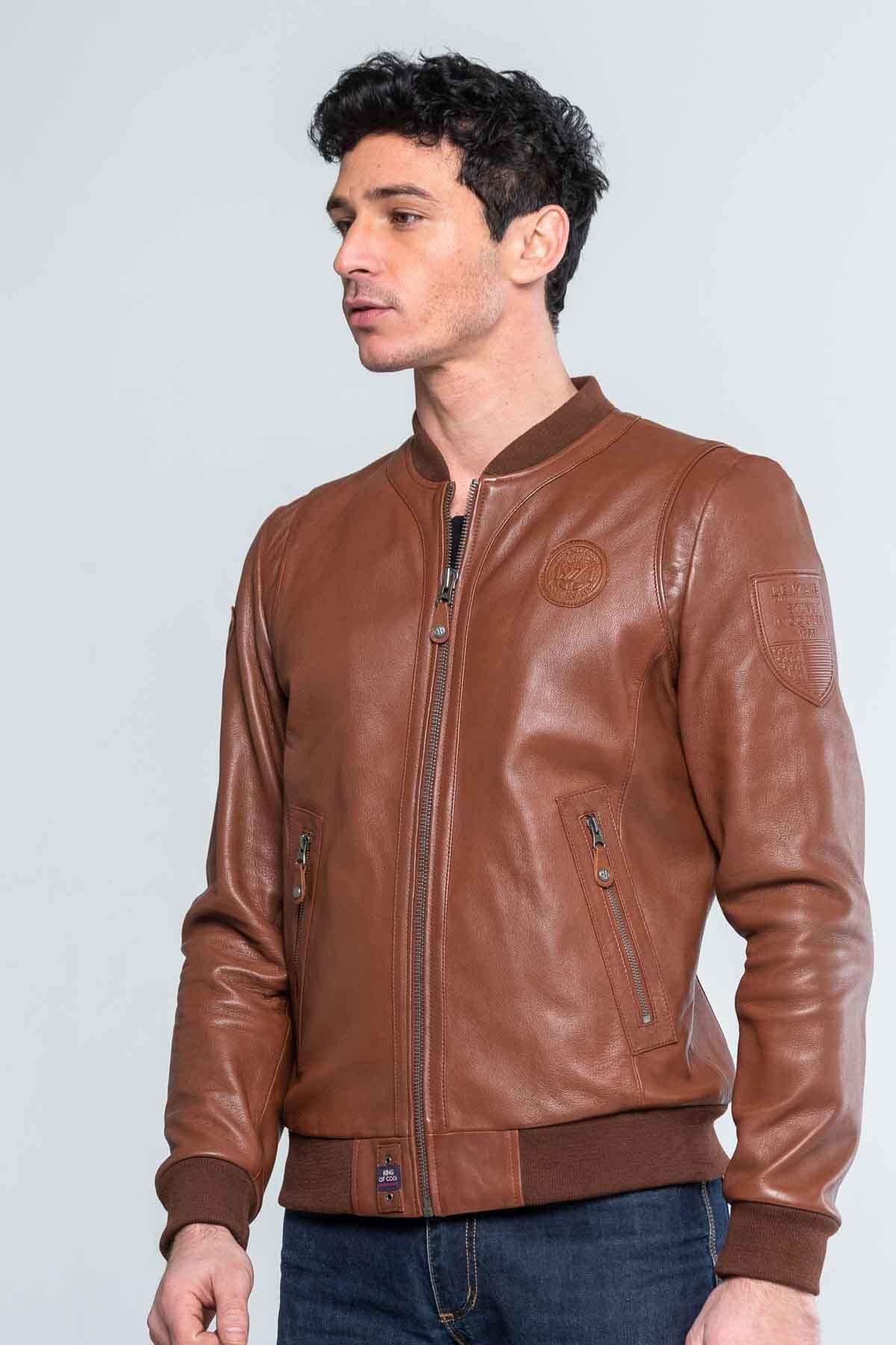 Cognac round neck leather jacket - Image n°4