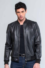 Black round neck leather jacket - Image n°1
