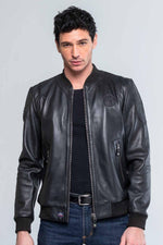 Black round neck leather jacket - Image n°1