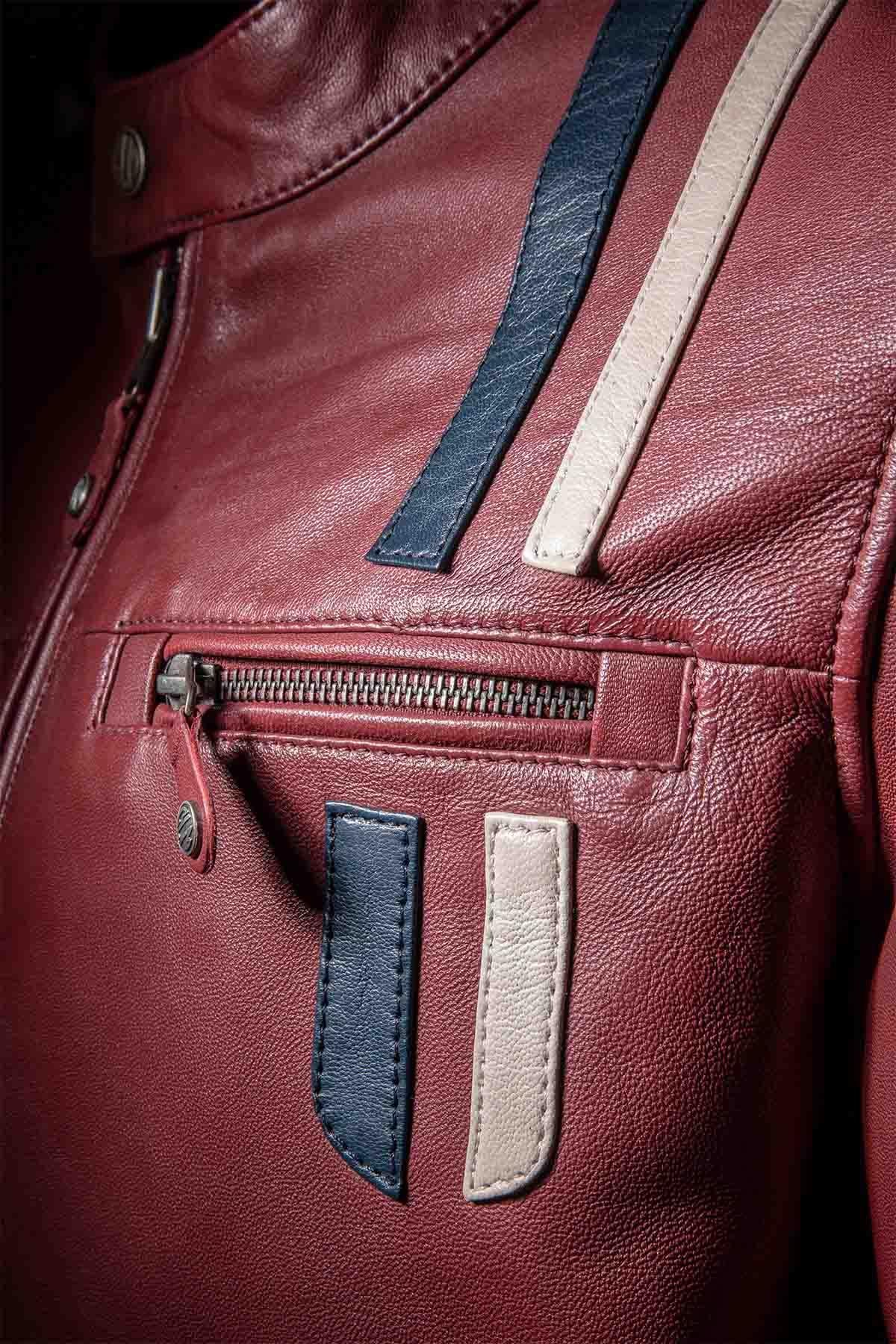 Dark red sheepskin jacket with tricolour stripes and zip pockets. - Image n°4