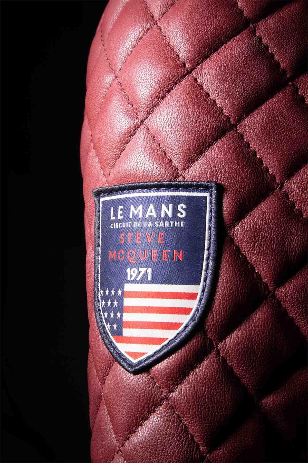 Dark red sheepskin jacket with tricolour stripes and zip pockets. - Image n°3