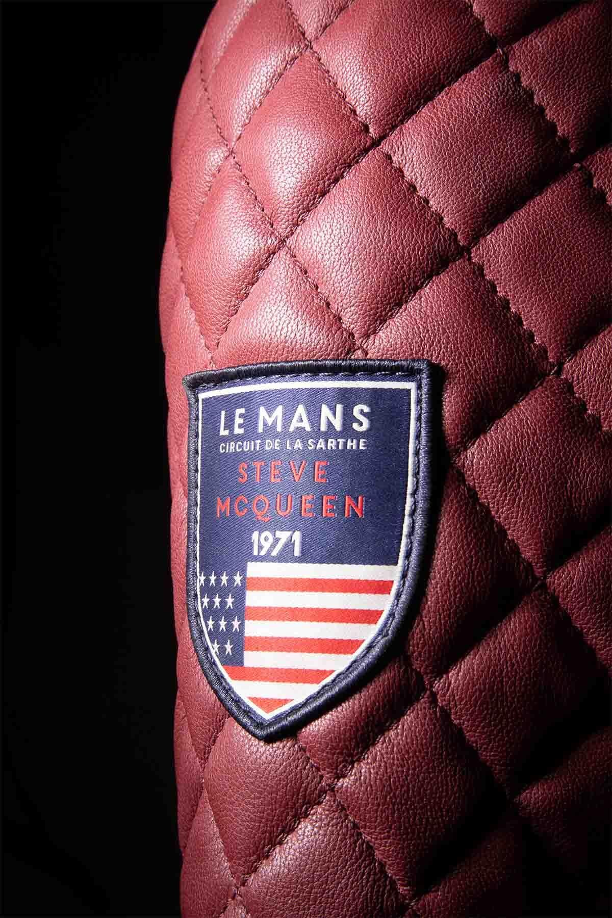 Dark red sheepskin jacket with tricolour stripes and zip pockets. - Image n°3