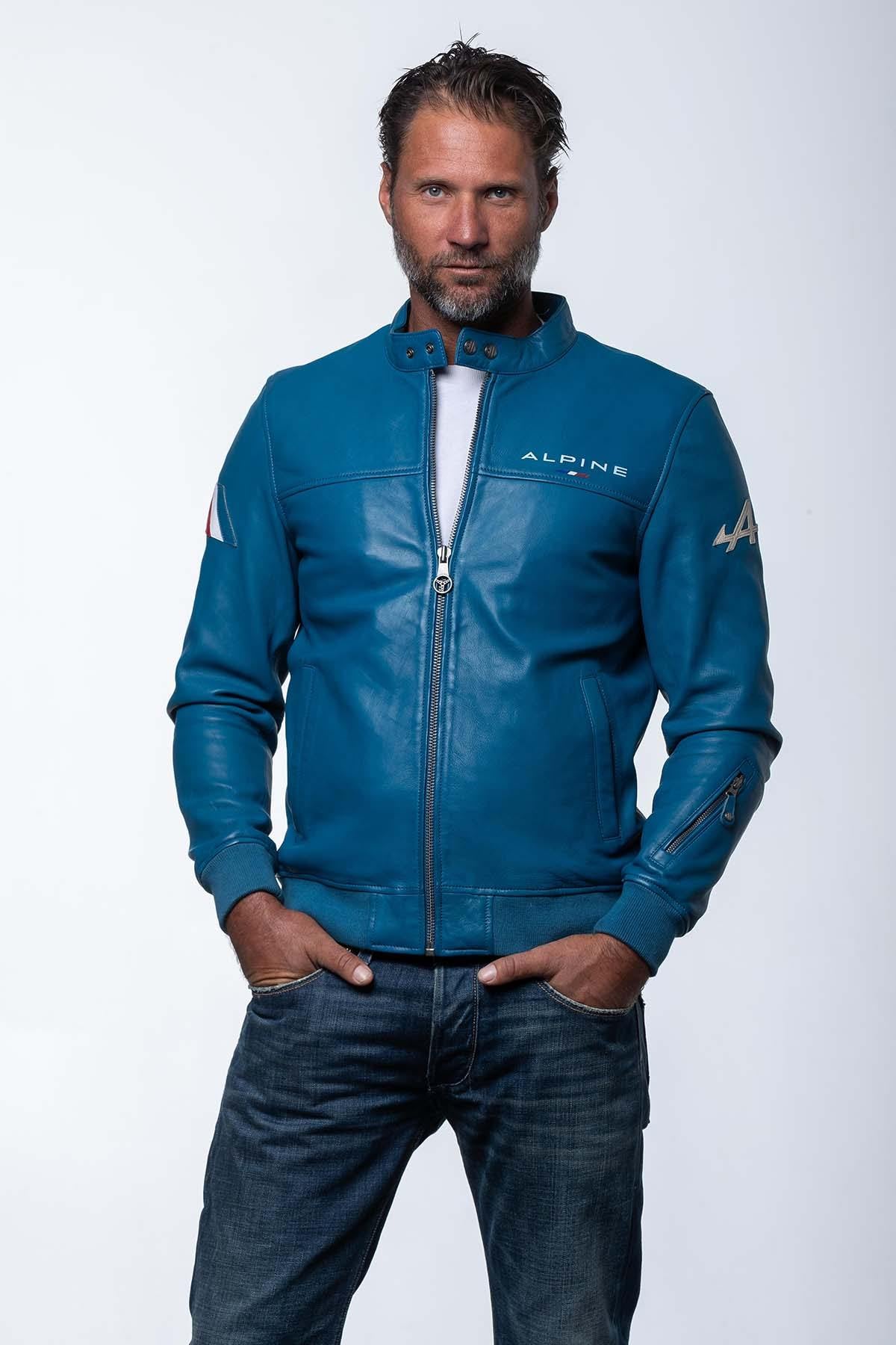 Navy sheep leather jacket with biker collar and regular fit. - Image n°1