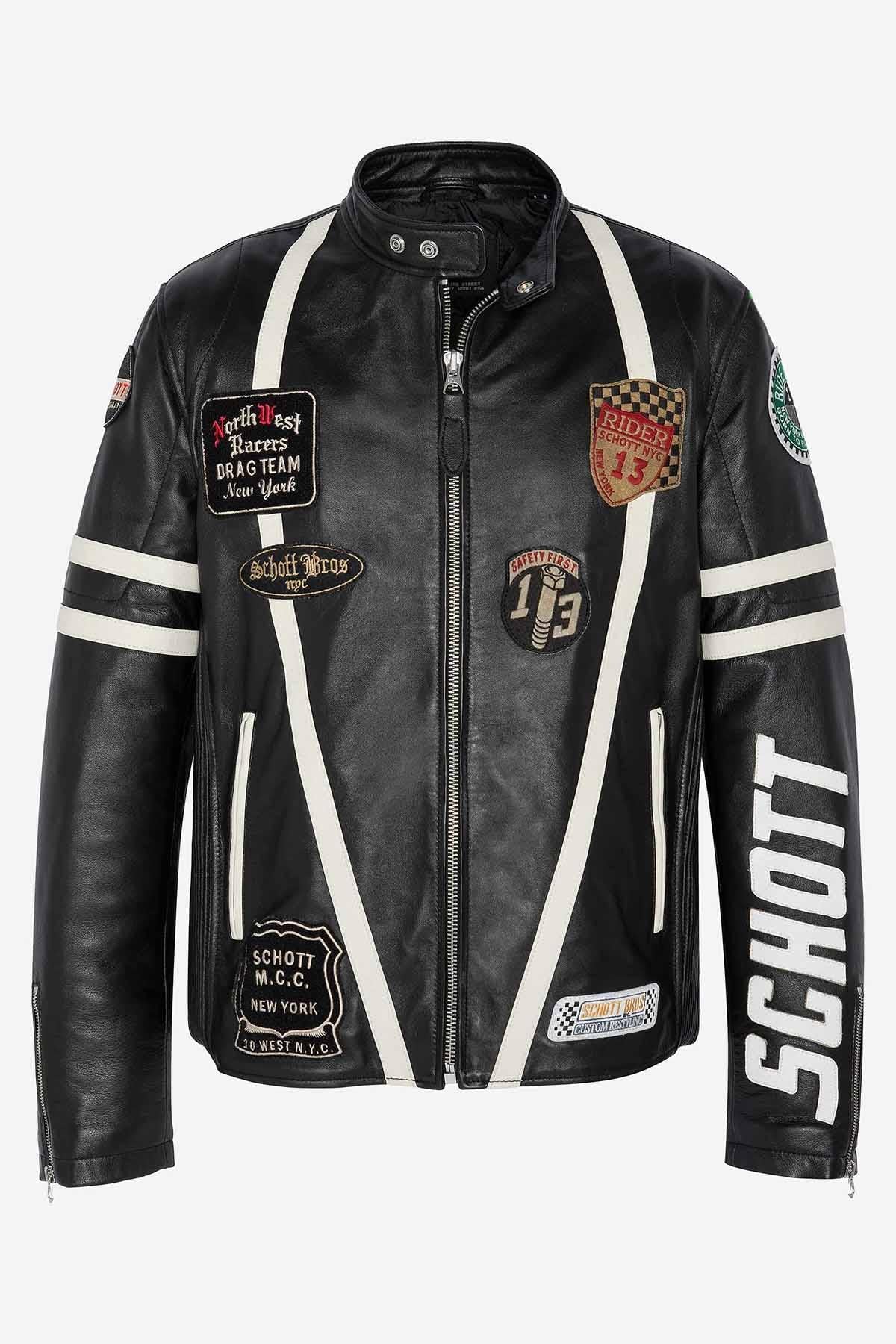 Schott's black lambskin biker jacket with a motard collar. - Image n°8