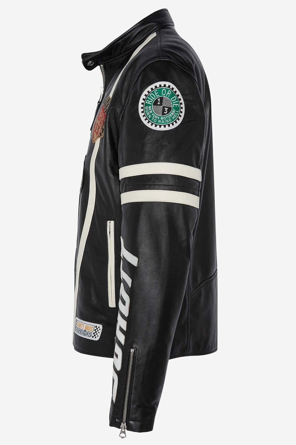 Schott's black lambskin biker jacket with a motard collar. - Image n°9