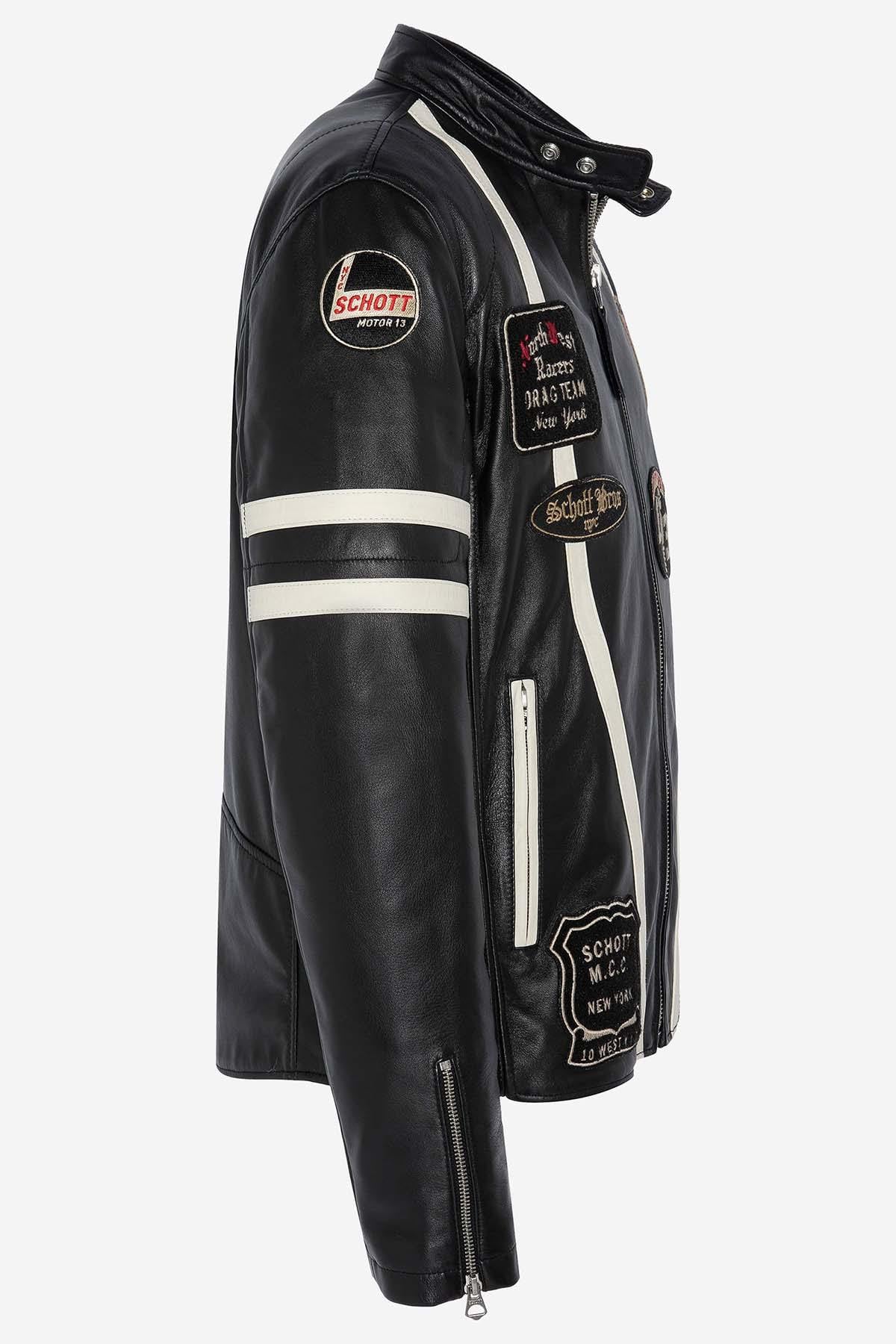 Schott's black lambskin biker jacket with a motard collar. - Image n°10