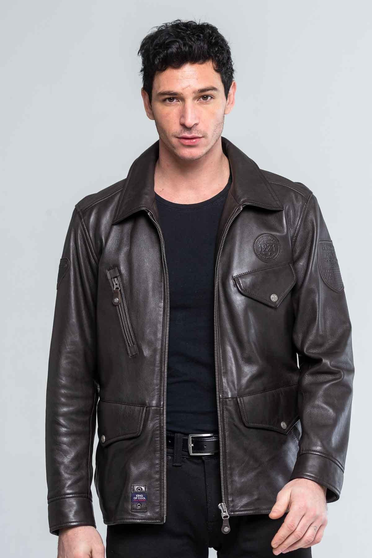 Dark brown sheepskin jacket, inspired by Steve McQueen's iconic style. - Image n°1