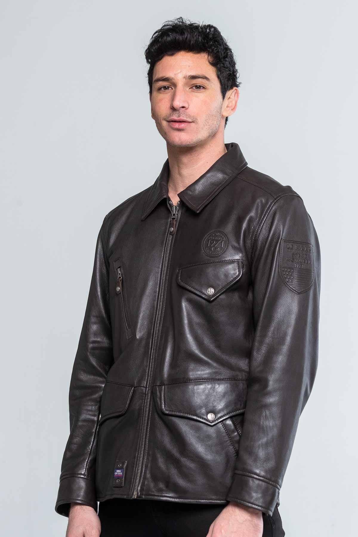 Dark brown sheepskin jacket, inspired by Steve McQueen's iconic style. - Image n°2