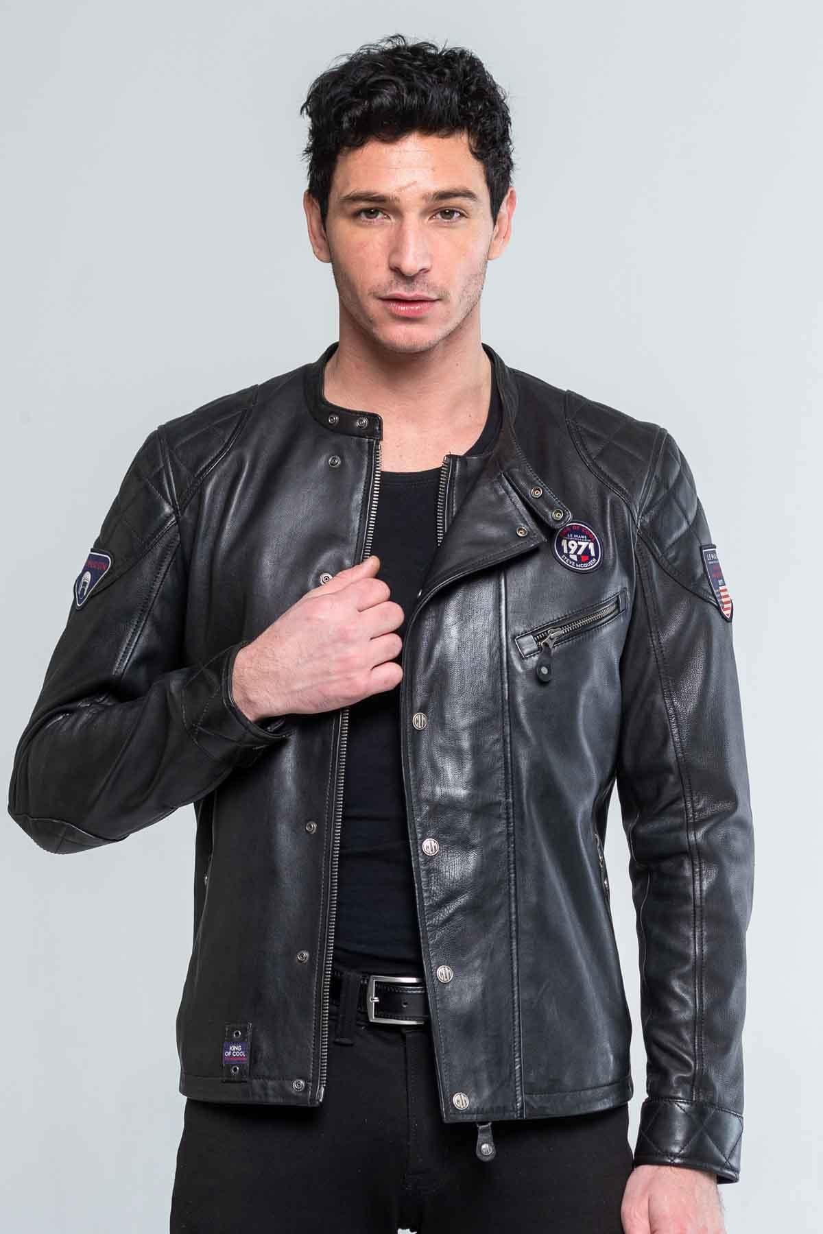 McQueen's 1971 Le Mans jacket: black lambsheep leather, biker collar. - Image n°2