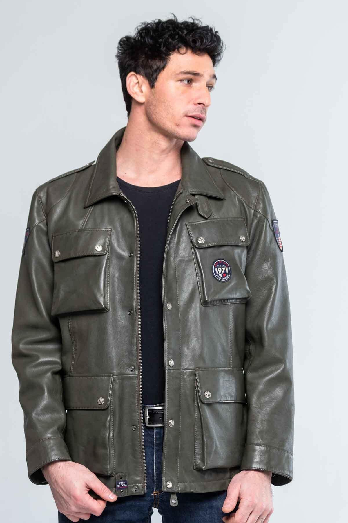 Mid-length dark khaki sheepskin jacket. Steve McQueen's iconic look. - Image n°1