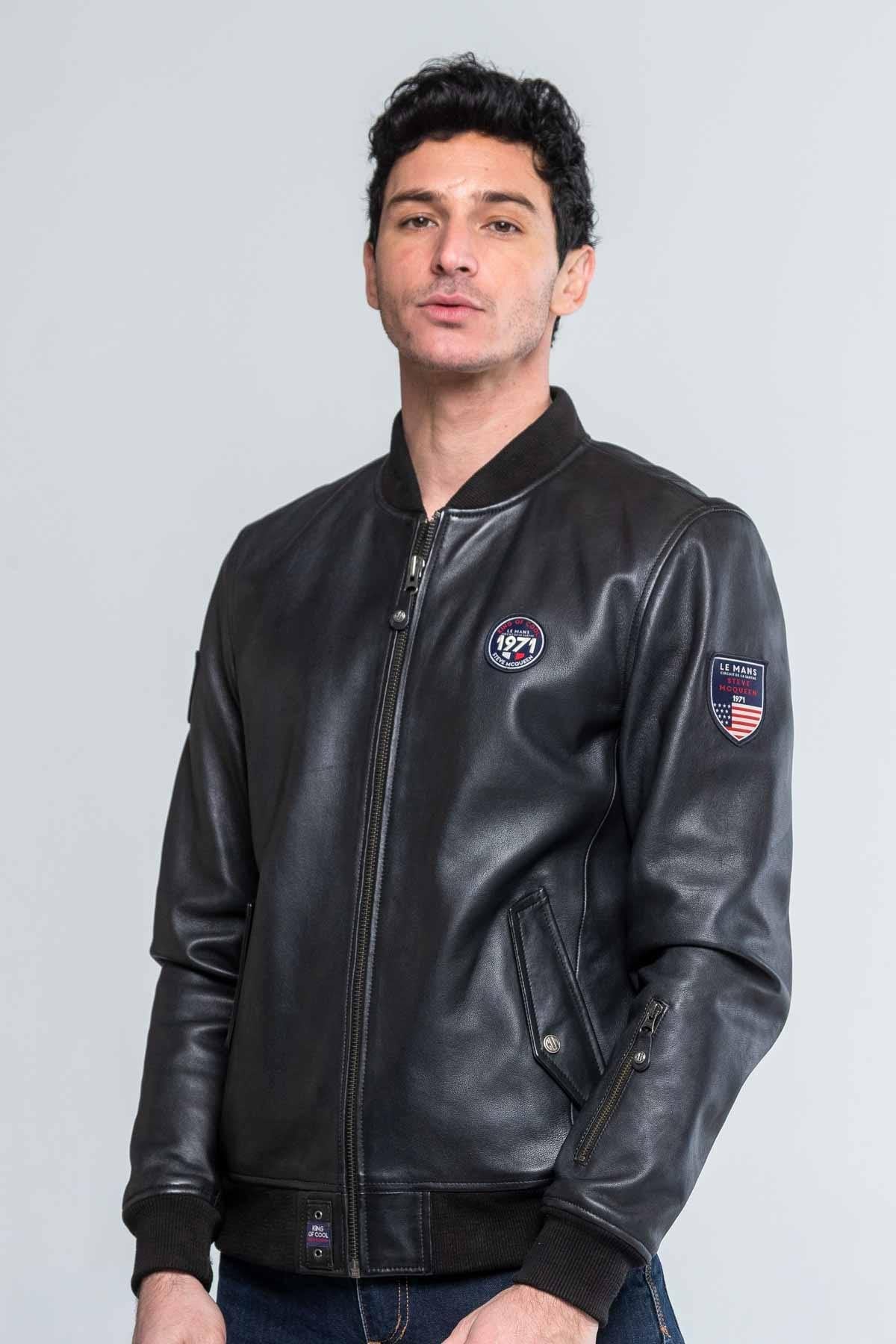 Men's black round-neck leather jacket - Image n°4