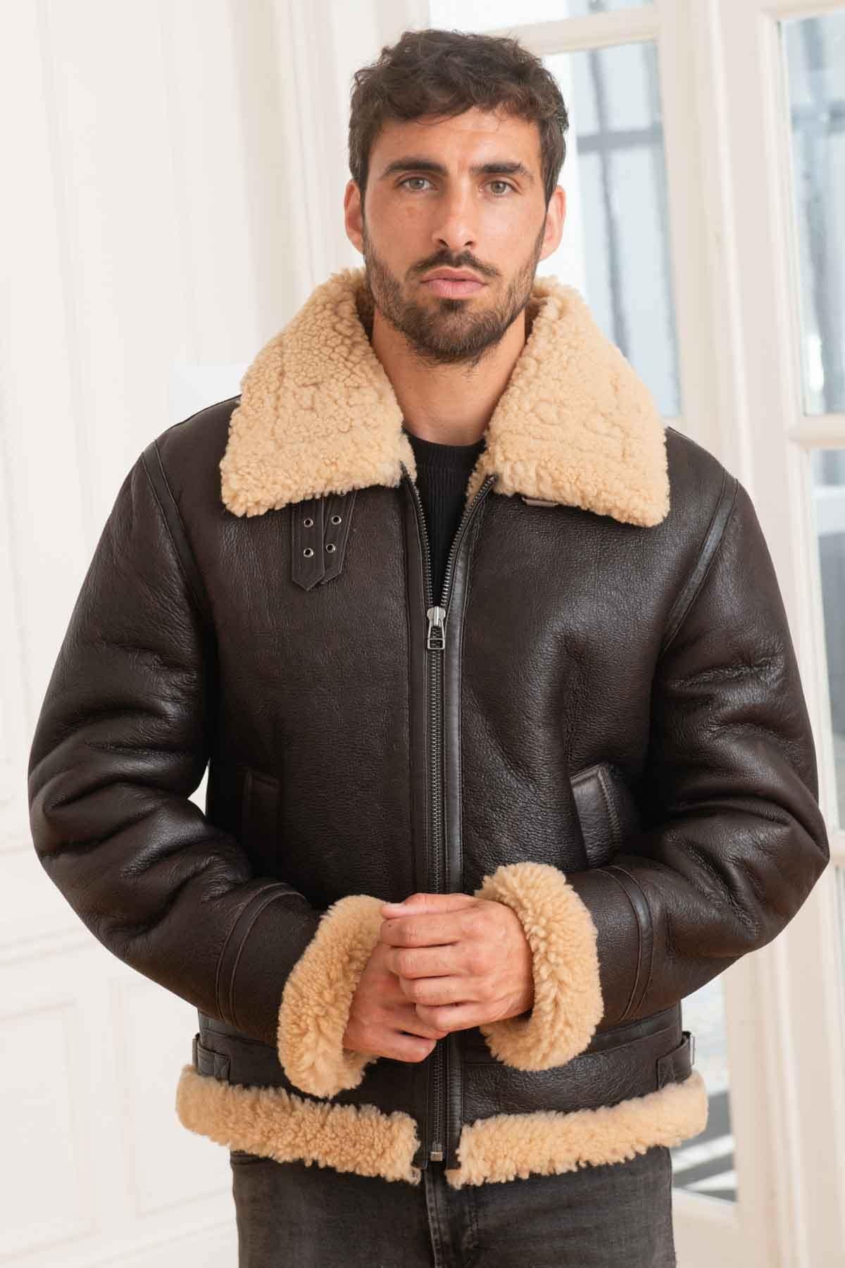 Men's brown leather bomber jacket - Image n°1