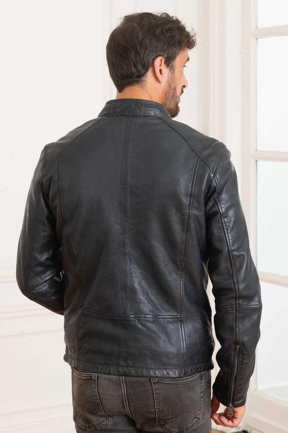 Navy sheepskin jacket, chrome-free tanned, with a moto collar. - Image n°4