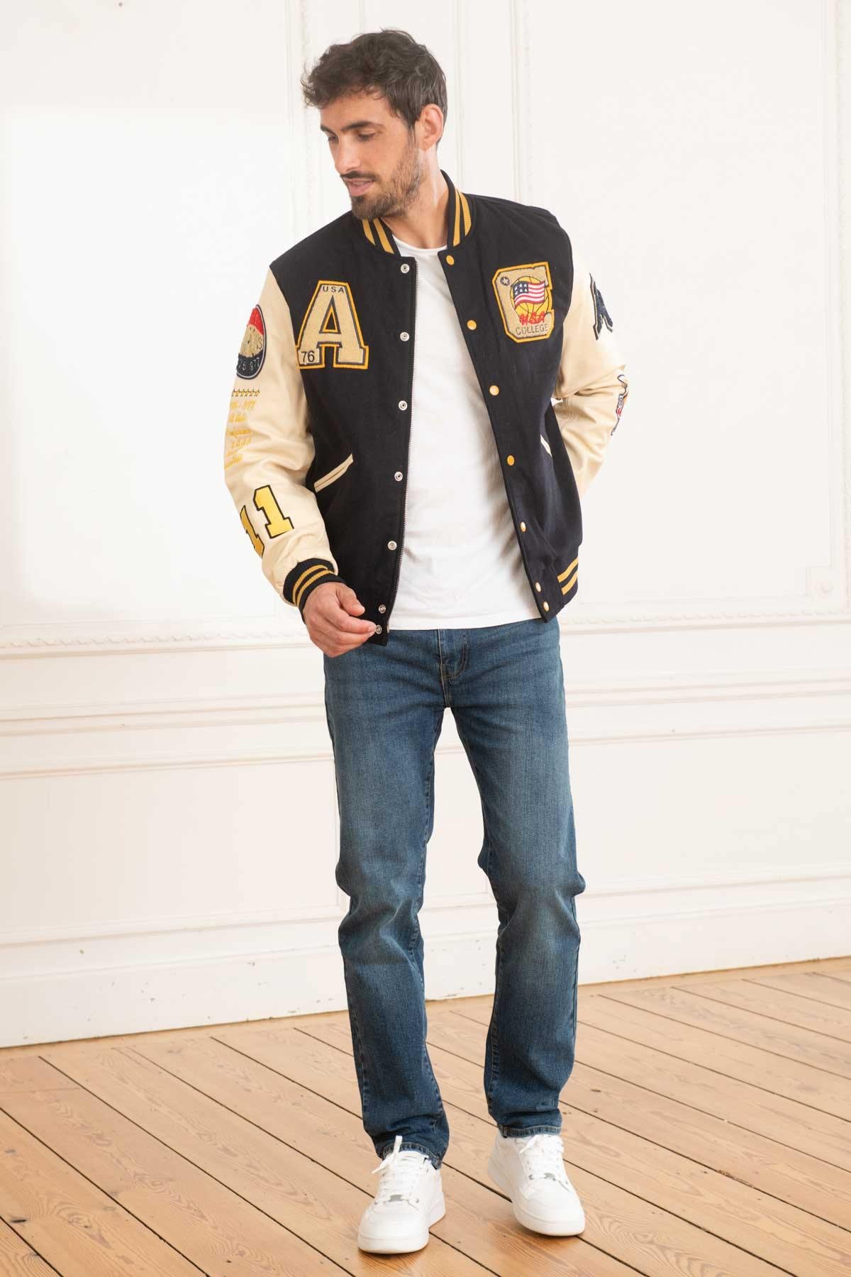AC-17 varsity jacket: navy and beige wool with sheepskin sleeves. - Image n°2