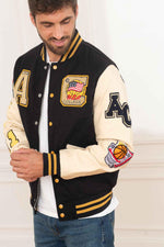AC-17 varsity jacket: navy and beige wool with sheepskin sleeves. - Image n°3