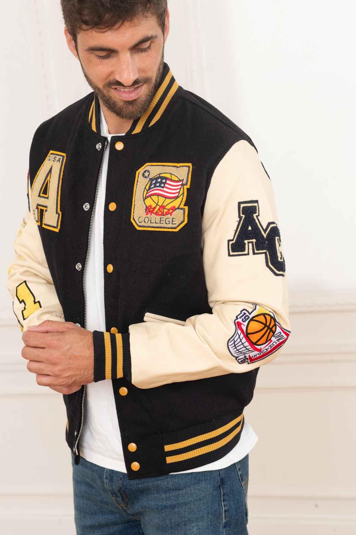 AC-17 varsity jacket: navy and beige wool with sheepskin sleeves. - Image n°3