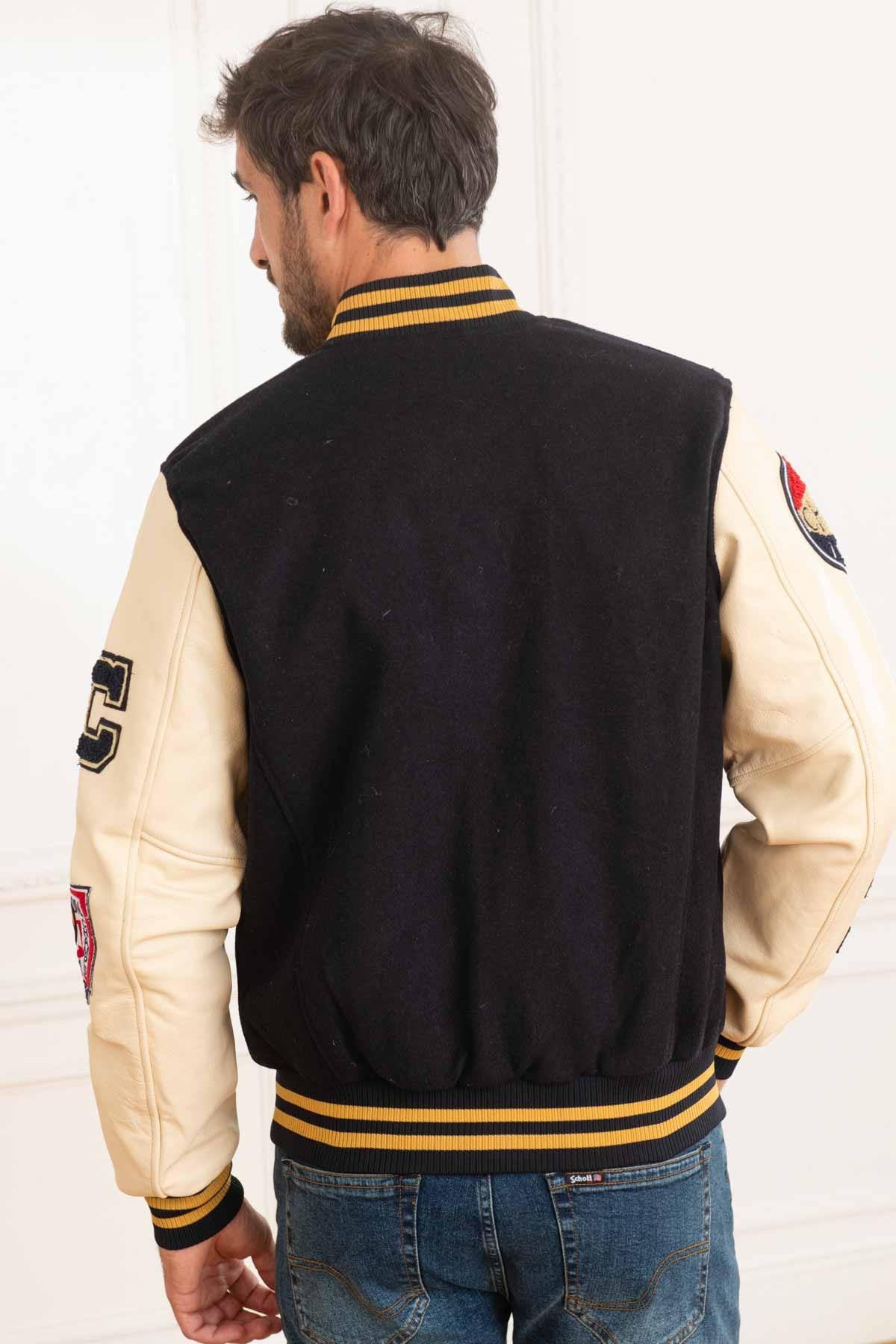 AC-17 varsity jacket: navy and beige wool with sheepskin sleeves. - Image n°4