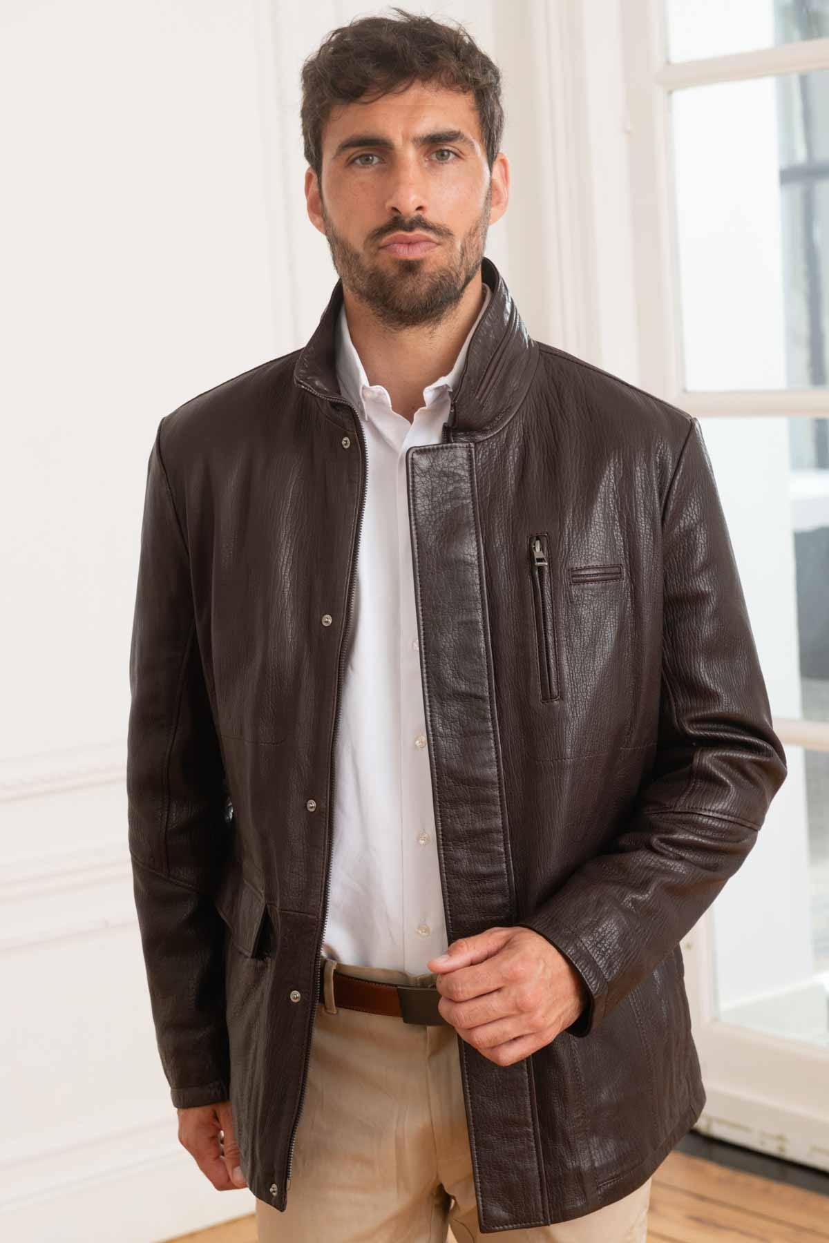 Men's mid-length jacket in brown lambskin - Image n°1