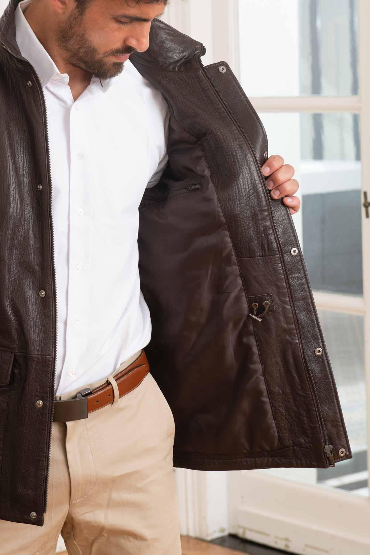 Men's mid-length jacket in brown lambskin - Image n°4