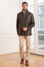 Men's mid-length jacket in brown lambskin - Image n°2