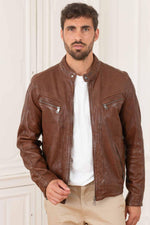 Brown Leather Jacket with Biker Collar - Image n°1